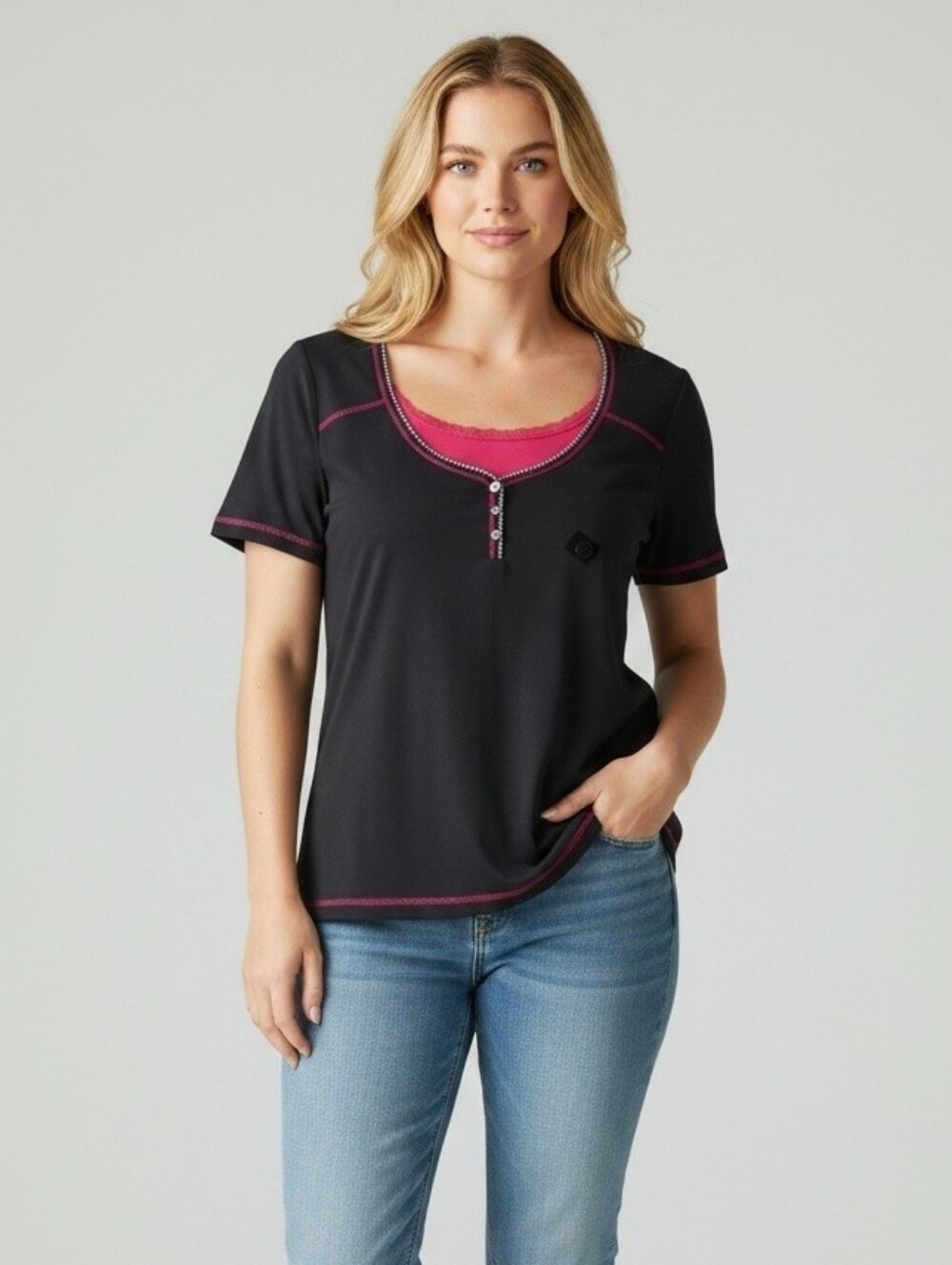 💖NWT ADDITIONELLE Women’s Black and Hot Pink Contrast Short Sleeve Top 2X P2P22